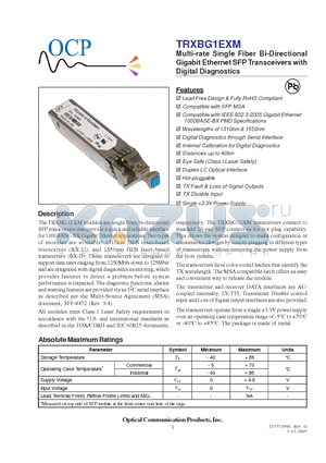 TRXBG1EXNABMH datasheet - Multi-rate Single Fiber Bi-Directional Gigabit Ethernet SFP Transceivers with Digital Diagnostics