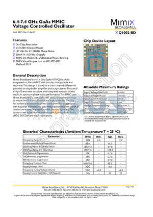 XQ1002-BD-000V datasheet - 6.4-7.4 GHz GaAs MMIC Voltage Controlled Oscillator