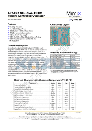 XQ1005-BD-EV1 datasheet - 14.2-15.2 GHz GaAs MMIC Voltage Controlled Oscillator