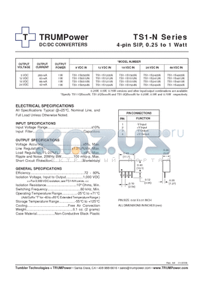 TS1-1S4815N datasheet - DC/DC CONVERTERS 4-pin SIP, 0.25 to 1 Watt