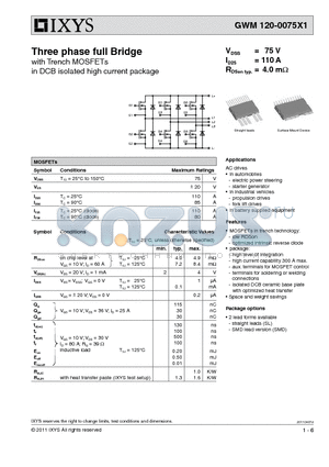 GWM120-0075X1 datasheet - Three phase full Bridge with Trench MOSFETs in DCB isolated high current package