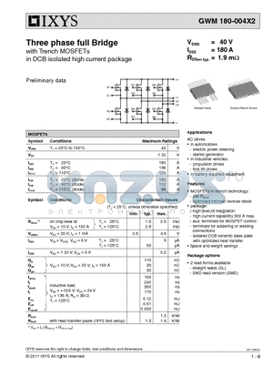 GWM180-004X2 datasheet - Three phase full Bridge with Trench MOSFETs in DCB isolated high current package