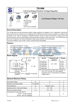 TS1086CM3.3 datasheet - 1.5A Low Dropout Positive Voltage Regulator