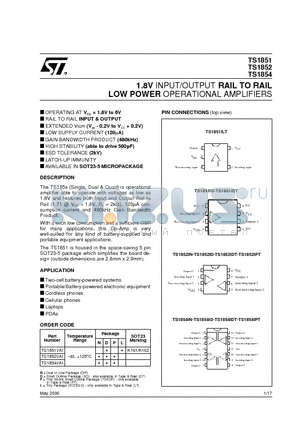 TS1851 datasheet - 1.8V INPUT/OUTPUT RAIL TO RAIL LOW POWER OPERATIONAL AMPLIFIERS