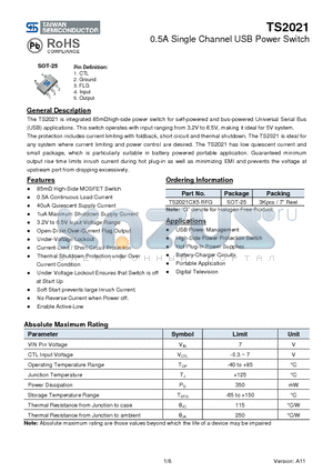TS2021CX5RFG datasheet - 0.5A Single Channel USB Power Switch