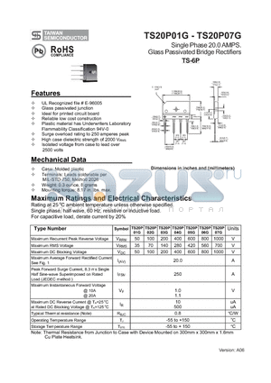 TS20P03G datasheet - Single Phase 20.0 AMPS. Glass Passivated Bridge Rectifiers