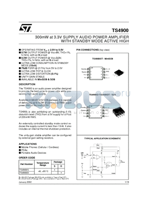 TS4900IDT datasheet - 300mW at 3.3V SUPPLY AUDIO POWER AMPLIFIER WITH STANDBY MODE ACTIVE HIGH