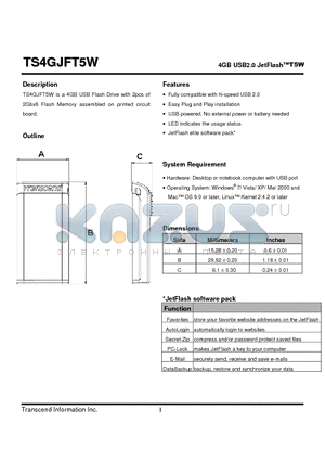 TS4GJFT5W datasheet - 4GB USB2.0 JetFlashT5W