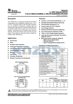 TS5A3153YZAR datasheet - 1-ohm SPDT ANALOG SWITCH 5-V/3.3-V SINGLE-CHANNEL 2:1 MULTIPLEXER/DEMULTIPLEXER
