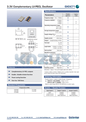 GXOE71 datasheet - 3.3V Complementray LV-PECL Oscillator