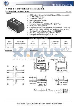 TS800-06LF datasheet - 10 BASE-T SMD ETHERNET TRANSFORMER