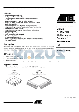 TS68C429A datasheet - CMOS ARINC 429 Multichannel Receiver/ Transmitter MRT