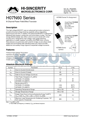 H07N60E datasheet - N-Channel Power Field Effect Transistor