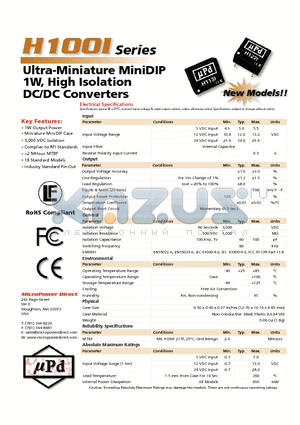 H112I datasheet - Ultra-Miniature MiniDIP 1W, High Isolation DC/DC Converters