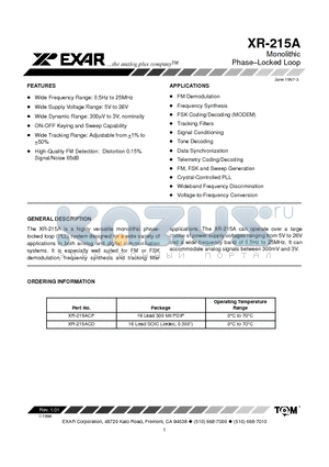 XR-215A datasheet - Monolithic Phase Locked Loop