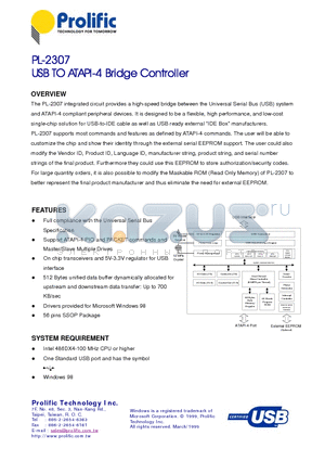 PL-2307 datasheet - USB TO ATAPI-4 Bridge Controller