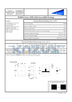 PL0012-WDG13 datasheet - SMD LED Green 0805 Package