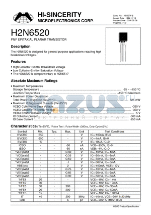 H2N6520 datasheet - PNP EPITAXIAL PLANAR TRANSISTOR