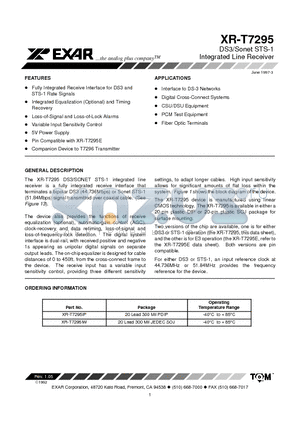 XR-T7295IP datasheet - DS3/Sonet STS-1 Integrated Line Receiver