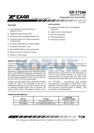 XR-T7296IP datasheet - DS3/STS-1, E3 Integrated Line Transmitter