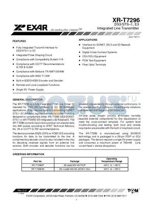 XR-T7296IW datasheet - DS3/STS-1, E3 Integrated Line Transmitter