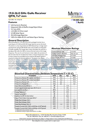 XR1005-QD-0N0T datasheet - 19.0-26.0 GHz GaAs Receiver QFN, 7x7 mm
