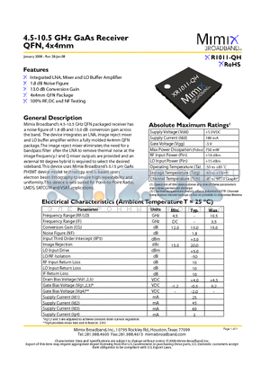XR1011-QH-0G0T datasheet - 4.5-10.5 GHz GaAs Receiver QFN, 4x4mm
