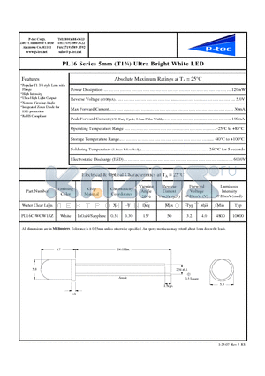 PL16C-WCW15Z datasheet - PL16 Series 5mm (T1n) Ultra Bright White LED