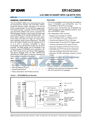 XR16C2850CM48 datasheet - 3.3V AND 5V DUART WITH 128-BYTE FIFO