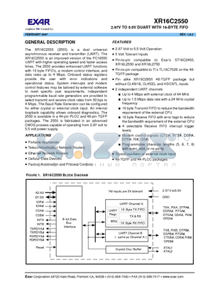 XR16C2550IJ datasheet - 2.97V TO 5.5V DUART WITH 16-BYTE FIFO