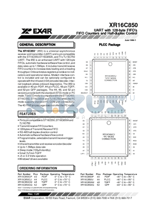XR16C850CP datasheet - UART with 128-byte FIFOs FIFO Counters and Half-duplex Control