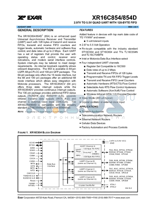 XR16C854CV datasheet - 2.97V TO 5.5V QUAD UART WITH 128-BYTE FIFO