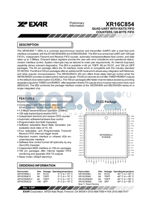 XR16C854IV datasheet - QUAD UART WITH RX/TX FIFO COUNTERS,128-BYTE FIFO