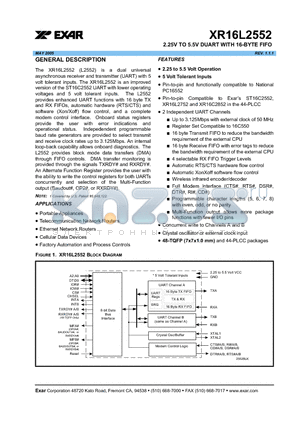 XR16L2552IJ datasheet - 2.25V TO 5.5V DUART WITH 16-BYTE FIFO