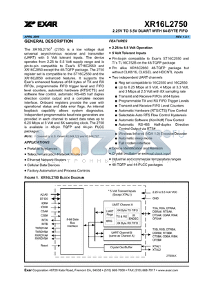 XR16L2750 datasheet - 2.25V TO 5.5V DUART WITH 64-BYTE FIFO