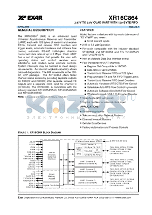 XR16C864 datasheet - 2.97V TO 5.5V QUAD UART WITH 128-BYTE FIFO
