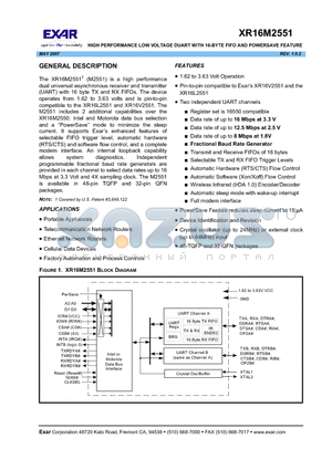XR16M2551 datasheet - HIGH PERFORMANCE LOW VOLTAGE DUART WITH 16-BYTE FIFO AND POWERSAVE FEATURE