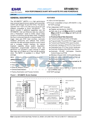 XR16M2751 datasheet - HIGH PERFORMANCE DUART WITH 64-BYTE FIFO AND POWERSAVE