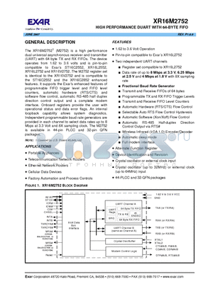 XR16M2752IL32 datasheet - HIGH PERFORMANCE DUART WITH 64-BYTE FIFO