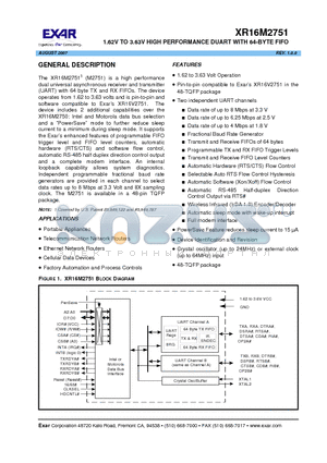 XR16M2751_07 datasheet - 1.62V TO 3.63V HIGH PERFORMANCE DUART WITH 64-BYTE FIFO