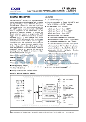 XR16M2750IL32 datasheet - 1.62V TO 3.63V HIGH PERFORMANCE DUART WITH 64-BYTE FIFO