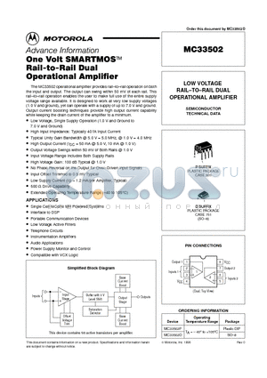 MC33502 datasheet - LOW VOLTAGE RAIL-TO-RAIL DUAL OPERATIONAL AMPLIFIER