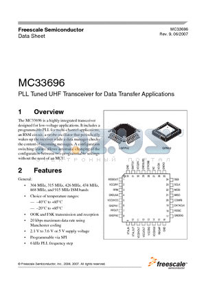 MC33696FCAER2 datasheet - PLL Tuned UHF Transceiver for Data Transfer Applications