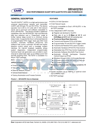 XR16V2751_0709 datasheet - HIGH PERFORMANCE DUART WITH 64-BYTE FIFO AND POWERSAVE