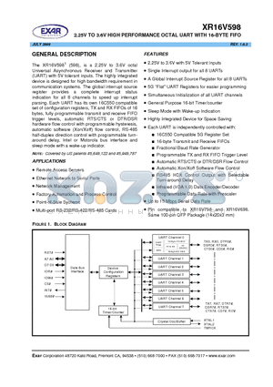 XR16V598IQ100 datasheet - 2.25V TO 3.6V HIGH PERFORMANCE OCTAL UART WITH 16-BYTE FIFO