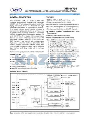 XR16V794_08 datasheet - HIGH PERFORMANCE 2.25V TO 3.6V QUAD UART WITH FRACTIONAL