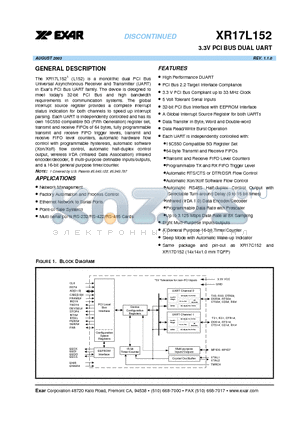 XR17L152 datasheet - 3.3V PCI BUS DUAL UART