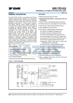 XR17D152 datasheet - UNIVERSAL (3.3V AND 5V) PCI BUS DUAL UART