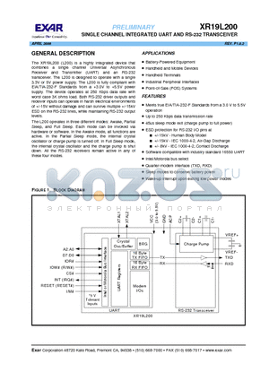 XR19L200 datasheet - SINGLE CHANNEL INTEGRATED UART AND RS-232 TRANSCEIVER