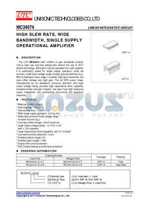 MC34074G-D14-T datasheet - HIGH SLEW RATE, WIDE BANDWIDTH, SINGLE SUPPLY OPERATIONAL AMPLIFIER